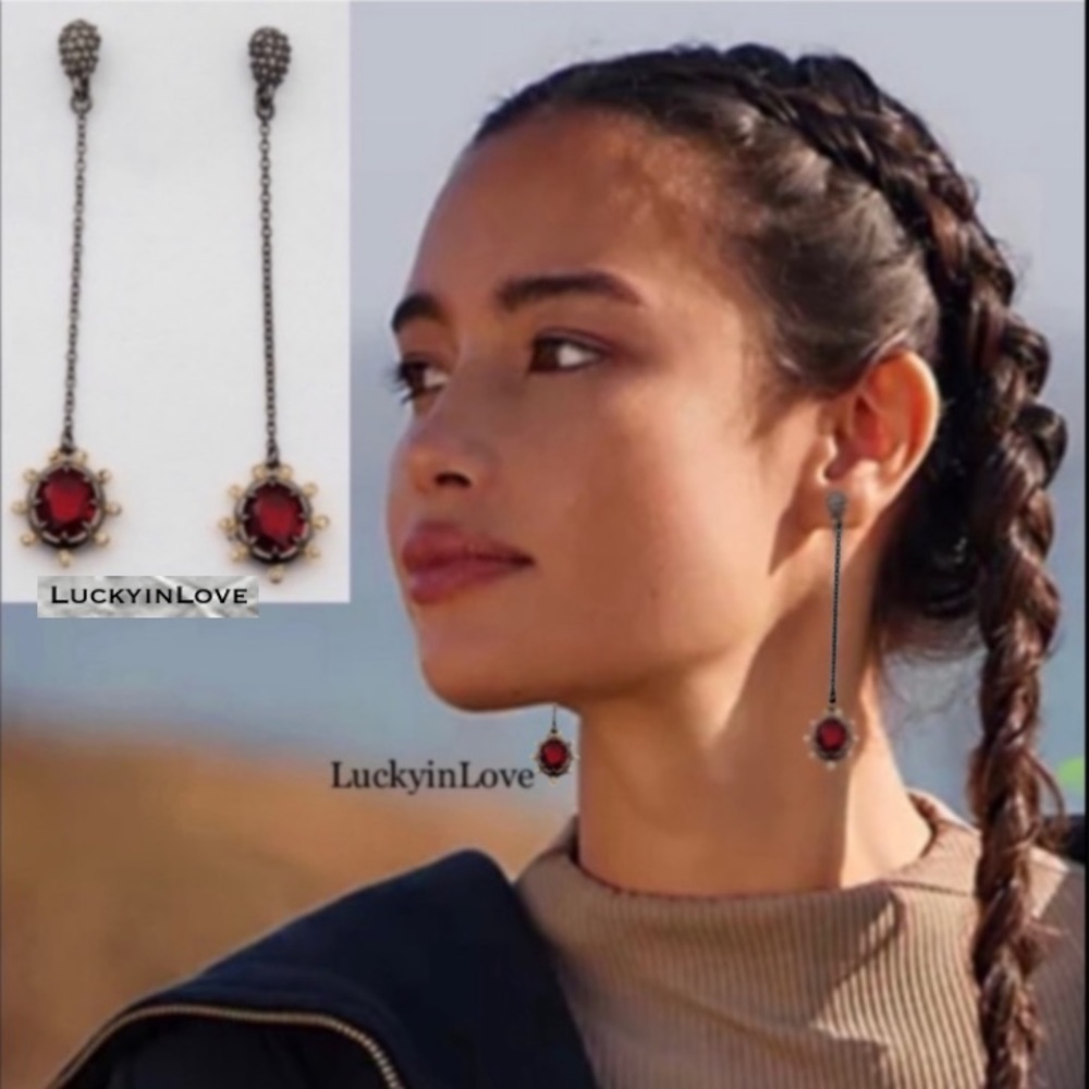 ALEXIS BITTAR • Ruby Garnet tone Gunmetal Dangling Georgian Drop Earrings